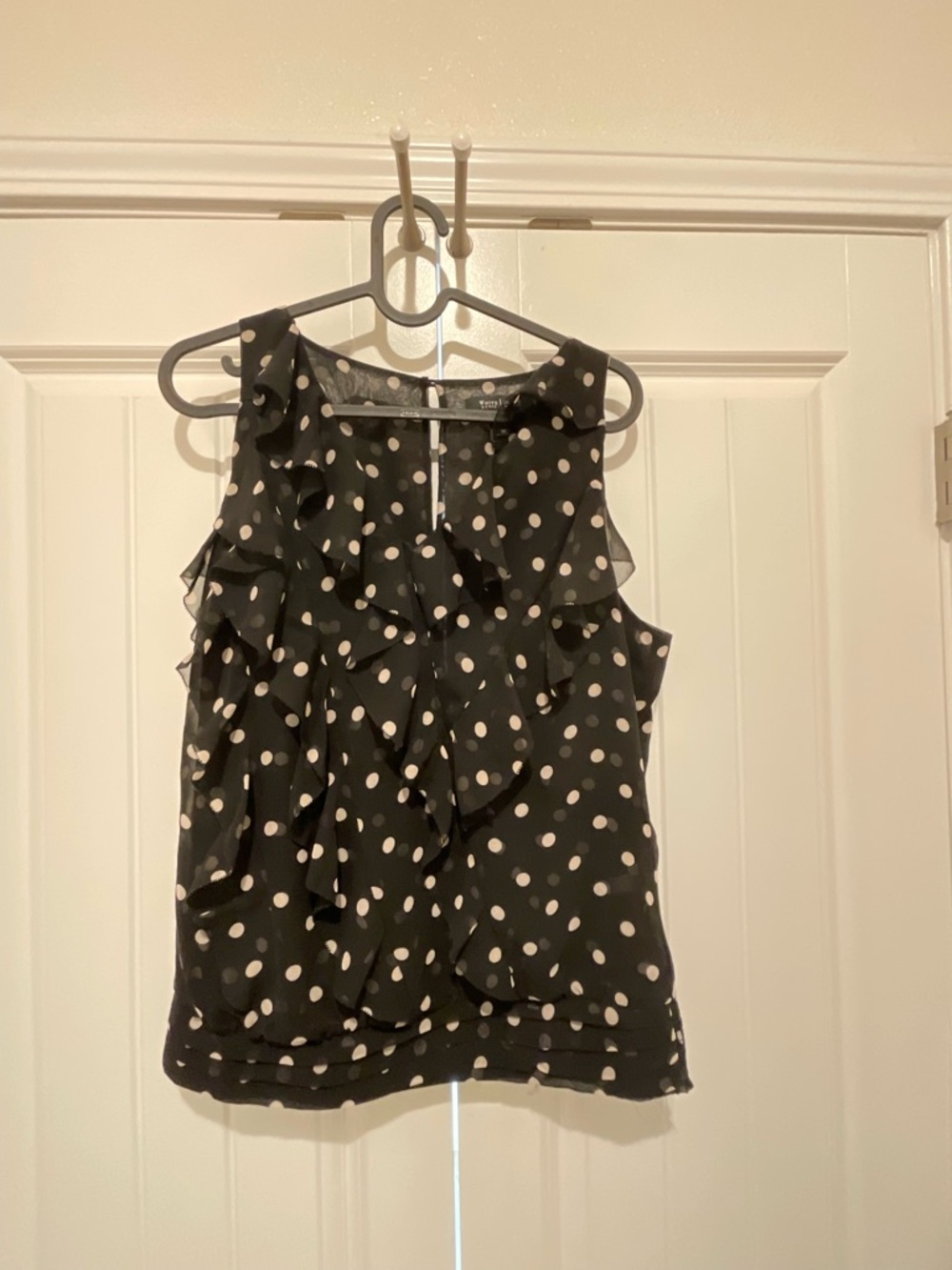 White House Black Market Black Polka Dot Ruffle Sleeveless Top